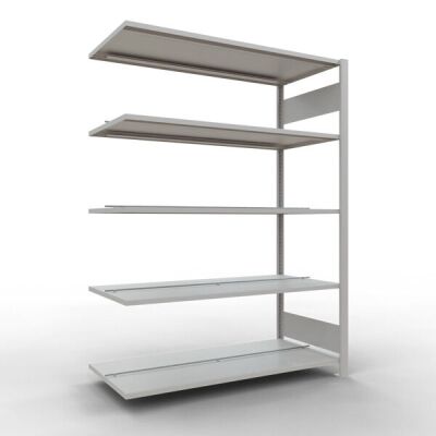 Anbauregal, Büro-Fachbodenregal Stecksystem MULTIplus150, 1800 x 1300 x 600 mm (HxBxT), 5 Fachböden, Längenriegel, RAL 7035 lichtgrau, mit Mittelanschlag