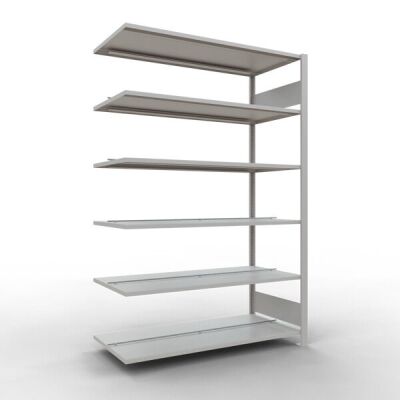 Anbauregal, Büro-Fachbodenregal Stecksystem MULTIplus150, 2000 x 1300 x 600 mm (HxBxT), 6 Fachböden, Längenriegel, RAL 7035 lichtgrau, mit Mittelanschlag