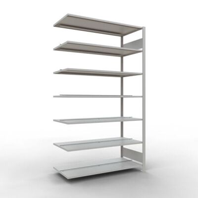 Anbauregal, Büro-Fachbodenregal Stecksystem MULTIplus150, 2300 x 1300 x 600 mm (HxBxT), 7 Fachböden, Längenriegel, RAL 7035 lichtgrau, mit Mittelanschlag