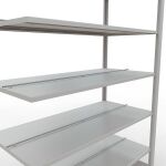Anbauregal, Büro-Fachbodenregal Stecksystem MULTIplus150, 2300 x 1300 x 600 mm (HxBxT), 7 Fachböden, Längenriegel, RAL 7035 lichtgrau, mit Mittelanschlag