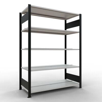 Grundregal, Büro-Fachbodenregal Stecksystem MULTIplus150, 1800 x 1300 x 600 mm (HxBxT), 5 Fachböden, Längenriegel, schwarz/RAL 7035 lichtgrau, mit Mittelanschlag