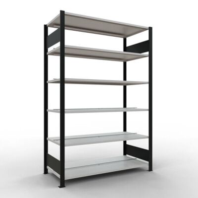 Grundregal, Büro-Fachbodenregal Stecksystem MULTIplus150, 2000 x 1300 x 600 mm (HxBxT), 6 Fachböden, Längenriegel, schwarz/RAL 7035 lichtgrau, mit Mittelanschlag