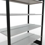 Grundregal, Büro-Fachbodenregal Stecksystem MULTIplus150, 2000 x 1300 x 600 mm (HxBxT), 6 Fachböden, Längenriegel, schwarz/RAL 7035 lichtgrau, mit Mittelanschlag