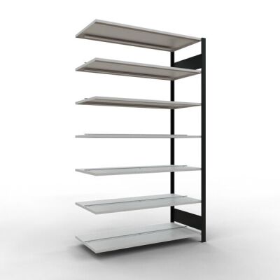 Anbauregal, Büro-Fachbodenregal Stecksystem MULTIplus150, 2300 x 1300 x 600 mm (HxBxT), 7 Fachböden, Längenriegel, schwarz/RAL 7035 lichtgrau, mit Mittelanschlag