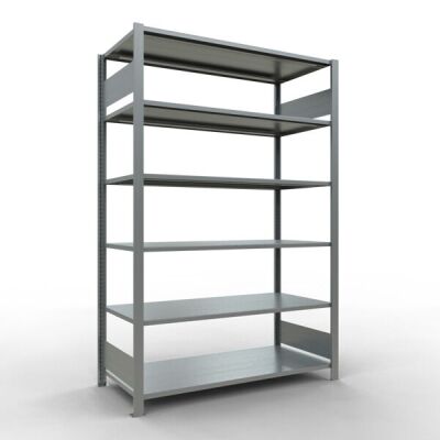 Grundregal, Büro-Fachbodenregal Stecksystem MULTIplus150, 2000 x 1300 x 600 mm (HxBxT), 6 Fachböden, Längenriegel, verzinkt, ohne Mittelanschlag