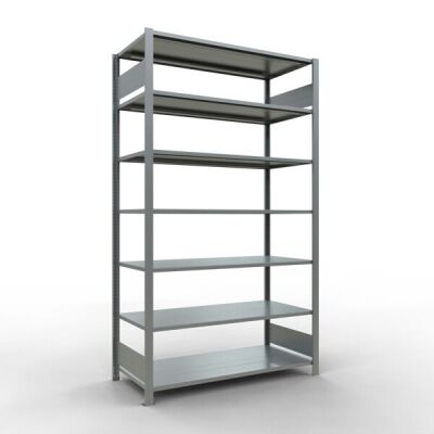 Grundregal, Büro-Fachbodenregal Stecksystem MULTIplus150, 2300 x 1300 x 600 mm (HxBxT), 7 Fachböden, Längenriegel, verzinkt, ohne Mittelanschlag