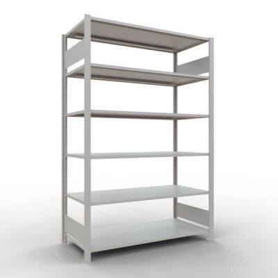 Grundregal, Büro-Fachbodenregal Stecksystem MULTIplus150, 2000 x 1300 x 600 mm (HxBxT), 6 Fachböden, Längenriegel, RAL 7035 lichtgrau, ohne Mittelanschlag