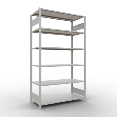 Grundregal, Büro-Fachbodenregal Stecksystem MULTIplus150, 2300 x 1300 x 600 mm (HxBxT), 7 Fachböden, Längenriegel, RAL 7035 lichtgrau, ohne Mittelanschlag