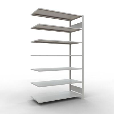 Anbauregal, Büro-Fachbodenregal Stecksystem MULTIplus150, 2300 x 1300 x 600 mm (HxBxT), 7 Fachböden, Längenriegel, RAL 7035 lichtgrau, ohne Mittelanschlag