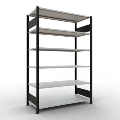 Grundregal, Büro-Fachbodenregal Stecksystem MULTIplus150, 2000 x 1300 x 600 mm (HxBxT), 6 Fachböden, Längenriegel, schwarz/RAL 7035 lichtgrau, ohne Mittelanschlag