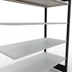 Anbauregal, Büro-Fachbodenregal Stecksystem MULTIplus150, 2000 x 1300 x 600 mm (HxBxT), 6 Fachböden, Längenriegel, schwarz/RAL 7035 lichtgrau, ohne Mittelanschlag