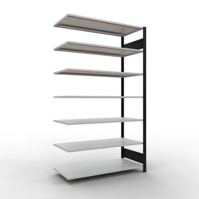 Anbauregal, Büro-Fachbodenregal Stecksystem MULTIplus150, 2300 x 1300 x 600 mm (HxBxT), 7 Fachböden, Längenriegel, schwarz/RAL 7035 lichtgrau, ohne Mittelanschlag