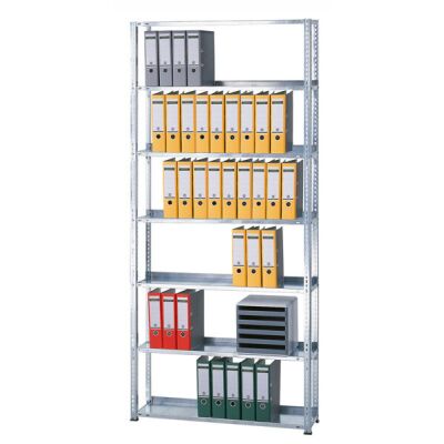 Grundregal, Büro-Fachbodenregal Schraubsystem MULTIplus85, 2300 x 1000 x 300 mm (HxBxT), 6 Fachböden, verzinkt, mit Anschlagleiste