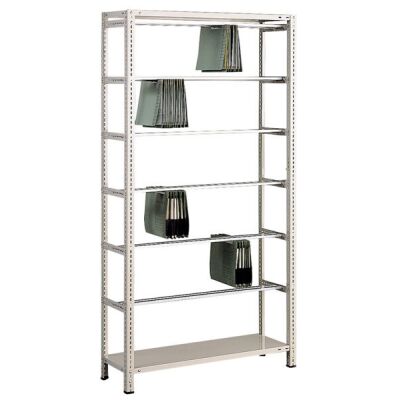 Grundregal, Schraub-Pendelhefterregal Zippel, 2000 x 1000 x 350 mm (HxBxT), RAL 7035 lichtgrau, 6 Pendelstangen