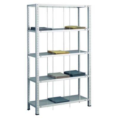 Grundregal, Schraub-Fädelstäberegal BASIC70, 1800 x 900 x 350 mm (HxBxT), 5 Fachböden, RAL 7035 lichtgrau