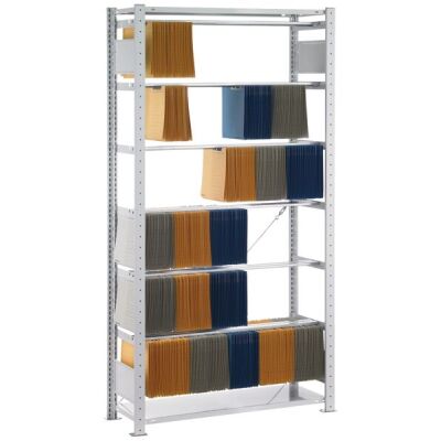 Grundregal, Steck-Pendelhefterregal Zippel, 2300 x 750 x 350 mm (HxBxT), RAL 7035 lichtgrau, 7 Pendelstangen