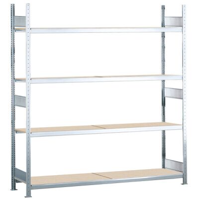 Grundregal, Weitspannregal WS 2000 mit Spanplatten, 2500 x 1500 x 400 mm (HxBxT), verzinkt, 4 Ebenen, Fachlast 400 kg, Feldlast 1.600 kg