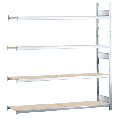 Anbauregal, Weitspannregal WS 2000 mit Spanplatten, 2500 x 2000 x 500 mm (HxBxT), verzinkt, 4 Ebenen, Fachlast 400 kg, Feldlast 1.600 kg