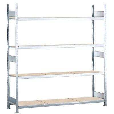 Grundregal, Weitspannregal WS 2000 mit Spanplatten, 2500 x 2250 x 600 mm (HxBxT), verzinkt, 4 Ebenen, Fachlast 400 kg, Feldlast 1.600 kg