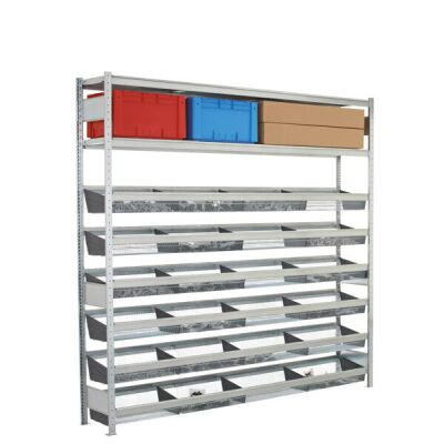 Grundregal, Weitspannregal WS 2000 mit Gitterkörben 2500 x 1500 x 400 mm (HxBxT), verzinkt, 6 Ebenen mit Gitterkörben á 210 kg Fachlast + 2 Ebenen Stahlböden á 400 kg Fachlast, Feldlast 1.600 kg