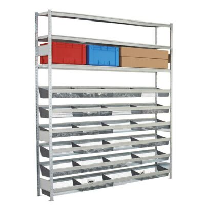 Grundregal, Weitspannregal WS 2000 mit Gitterkörben 3000 x 1500 x 400 mm (HxBxT), verzinkt, 6 Ebenen mit Gitterkörben á 210 kg Fachlast + 3 Ebenen Stahlböden á 400 kg Fachlast, Feldlast 2.000 kg