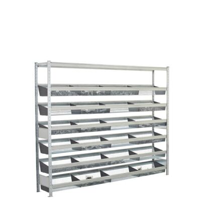 Grundregal, Weitspannregal WS 2000 mit Gitterkörben 2000 x 2000 x 400 mm (HxBxT), verzinkt, 6 Ebenen mit Gitterkörben á 210 kg Fachlast + 1 Ebene Stahlböden á 400 kg Fachlast, Feldlast 1.200 kg