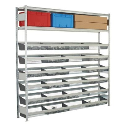 Anbauregal, Weitspannregal WS 2000 mit Gitterkörben 2000 x 2000 x 400 mm (HxBxT), verzinkt, 6 Ebenen mit Gitterkörben á 210 kg Fachlast + 1 Ebene Stahlböden á 400 kg Fachlast, Feldlast 1.200 kg