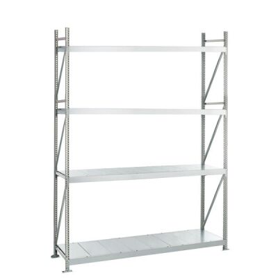 Grundregal, Weitspannregal WS 3000 ML50 mit Stahlpaneelen, 2500 x 1500 x 800 mm, verzinkt, 4 Ebenen, Fachlast 500 kg, Feldlast 2.000 kg