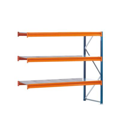AR, Weitspannregal mit Stahlpaneelen W 100, 2000 x 1785 x 1200 mm, blau/orange/verzinkt, 3 Ebenen, Fachlast 557 kg