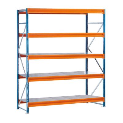 GR, Weitspannregal mit Stahlpaneelen W 100, 3000 x 2140 x 800 mm, blau/orange/verzinkt, 5 Ebenen, Fachlast 950 kg