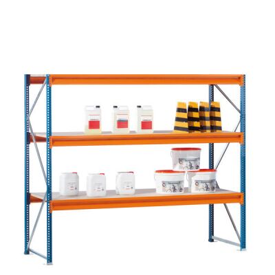 GR, Weitspannregal mit Spanplatten W 100, 2000 x 2140 x 800 mm, blau/orange/verzinkt, 3 Ebenen, Fachlast 950 kg