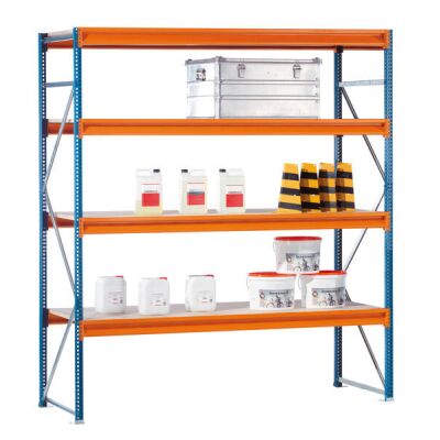 GR, Weitspannregal mit Spanplatten W 100, 2500 x 2140 x 1000 mm, blau/orange/verzinkt, 4 Ebenen, Fachlast 950 kg