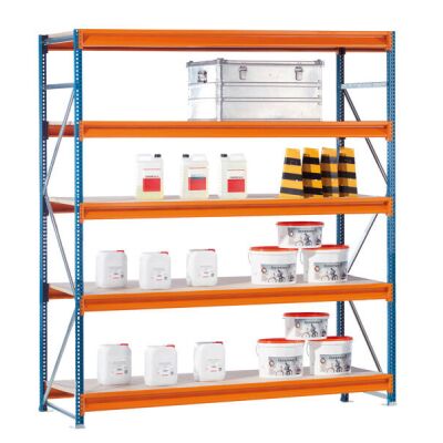 GR, Weitspannregal mit Spanplatten W 100, 3000 x 2140 x 1000 mm, blau/orange/verzinkt, 5 Ebenen, Fachlast 950 kg