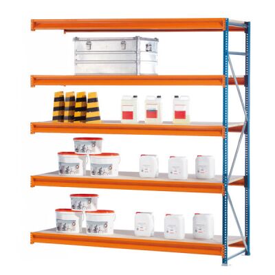 AR, Weitspannregal mit Spanplatten W 100, 3000 x 2500 x 1000 mm, blau/orange/verzinkt, 5 Ebenen, Fachlast 1015 kg