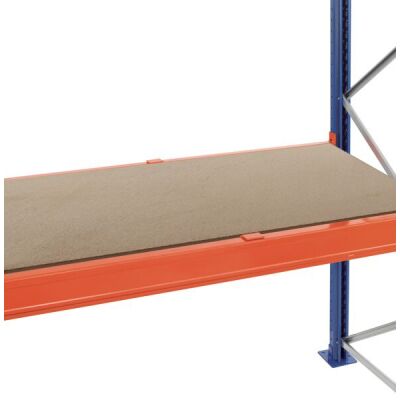 Spanplatten-Ebene für Palettenregal, für Holmtiefe 50 mm, 1.100 x 3.300 x 38 mm, versenkt, inkl. Tiefenauflagen, Fachlast 2.069 kg/Ebene, Spanplatte roh / Tiefenauflagen orange