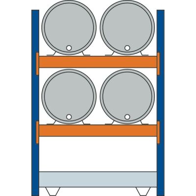 Grundregal, Fassregal, 2000 x 1350 x 800 mm (HxBxT), blau/verzinkt/RAL 2004, 2 Ebenen für je 2 Fässer 200 l liegend, 1 Bodenwanne 1330 x 1100 mm, Fassungsvermögen 215 l