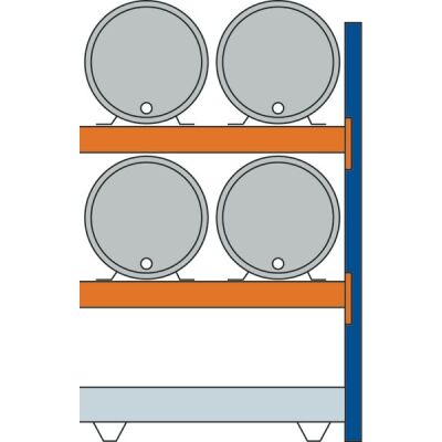 Anbauregal, Fassregal, 2000 x 1350 x 800 mm (HxBxT), blau/verzinkt/RAL 2004, 2 Ebenen für je 2 Fässer 200 l liegend, 1 Bodenwanne 1330 x 1100 mm, Fassungsvermögen 215 l