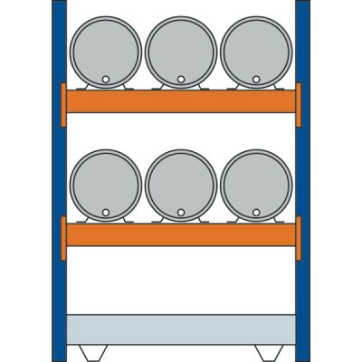 Grundregal, Fassregal, 2000 x 1350 x 800 mm (HxBxT), blau/verzinkt/RAL 2004, 2 Ebenen für je 3 Fässer 60 l liegend, 1 Bodenwanne 1330 x 1100 mm, Fassungsvermögen 215 l