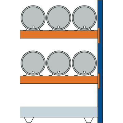 Anbauregal, Fassregal, 2000 x 1350 x 800 mm (HxBxT), blau/verzinkt/RAL 2004, 2 Ebenen für je 3 Fässer 60 l liegend, 1 Bodenwanne 1330 x 1100 mm, Fassungsvermögen 215 l
