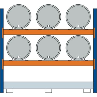 Grundregal, Fassregal, 2000 x 2225 x 800 mm (HxBxT), blau/verzinkt/RAL 2004, 2 Ebenen für je 3 Fässer 200 l liegend, 1 Bodenwanne 2205 x 1100 mm, Fassungsvermögen 240 l