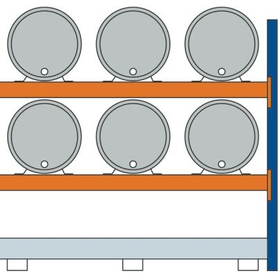 Anbauregal, Fassregal, 2000 x 2225 x 800 mm (HxBxT), blau/verzinkt/RAL 2004, 2 Ebenen für je 3 Fässer 200 l liegend, 1 Bodenwanne 2205 x 1100 mm, Fassungsvermögen 240 l