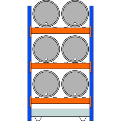 Grundregal, Fassregal, 2500 x 1350 x 800 mm (HxBxT), blau/verzinkt/RAL 2004, 3 Ebenen für je 2 Fässer 200 l liegend, 1 Bodenwanne 1330 x 1100 mm, Fassungsvermögen 215 l