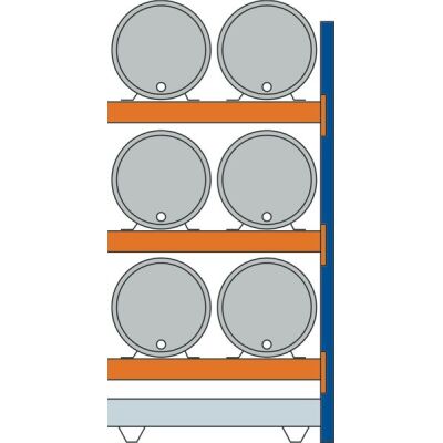 Anbauregal, Fassregal, 2500 x 1350 x 800 mm (HxBxT), blau/verzinkt/RAL 2004, 3 Ebenen für je 2 Fässer 200 l liegend, 1 Bodenwanne 1330 x 1100 mm, Fassungsvermögen 215 l