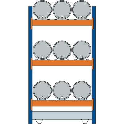Grundregal, Fassregal, 2500 x 1350 x 800 mm (HxBxT), blau/verzinkt/RAL 2004, 3 Ebenen für je 3 Fässer 60 l liegend, 1 Bodenwanne 1330 x 1100 mm, Fassungsvermögen 215 l