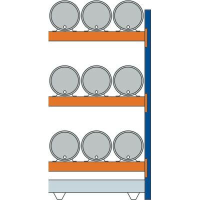 Anbauregal, Fassregal, 2500 x 1350 x 800 mm (HxBxT), blau/verzinkt/RAL 2004, 3 Ebenen für je 3 Fässer 60 l liegend, 1 Bodenwanne 1330 x 1100 mm, Fassungsvermögen 215 l