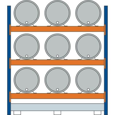 Grundregal, Fassregal, 2500 x 2225 x 800 mm (HxBxT), blau/verzinkt/RAL 2004, 3 Ebenen für je 3 Fässer 200 l liegend, 1 Bodenwanne 2205 x 1100 mm, Fassungsvermögen 240 l