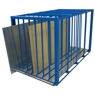 Blechlager-Box, 1750 x 1100 x 3000 mm HxBxT, RAL 5010 enzianblau, 7 Fächer mit verzinkten Stahlblechwannen, lichte Fachbreite 100 mm, Traglast je Fach 1.000 kg
