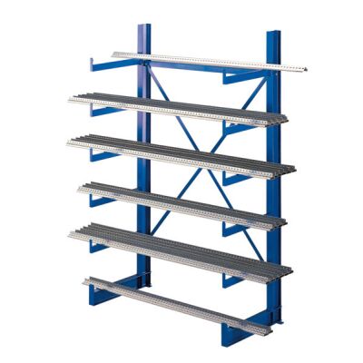 Grundregal, K 1000 Kragarmregal-Set, einseitig, 2000 x 1250 x 500 (HxBxT), RAL 5010 enzianblau, Tragkraft je arm: 200 kg, Tragkraft gesamt einschließlich Fußebene: 2.400 kg