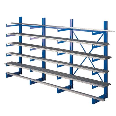 K 1000 Kragarmregal-Set, einseitig, 2000 x 3750 x 500, RAL 5010 enzianblau, Tragkraft je arm: 200 kg, Tragkraft gesamt einschließlich Fußebene: 4.800 kg