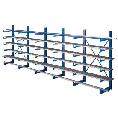 K 1000 Kragarmregal-Set, einseitig, 2000 x 6250 x 500, RAL 5010 enzianblau, Tragkraft je arm: 200 kg, Tragkraft gesamt einschließlich Fußebene: 7.200 kg